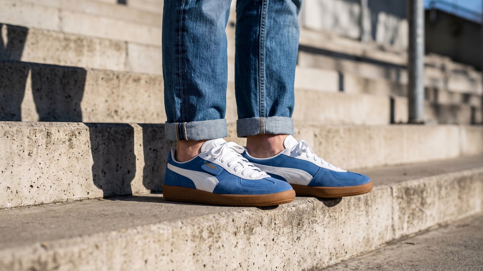 Blue suede Puma Palermo sneakers with gum soles styled with cuffed denim jeans on concrete steps