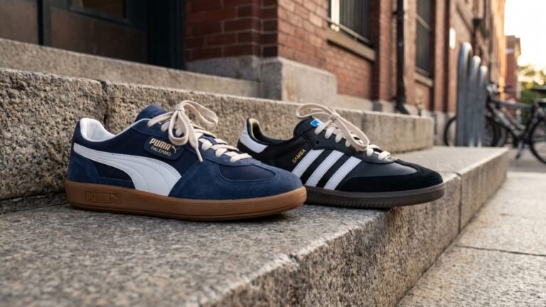 Blue Puma Palermo sneaker next to a black Adidas Samba sneaker on outdoor stone steps