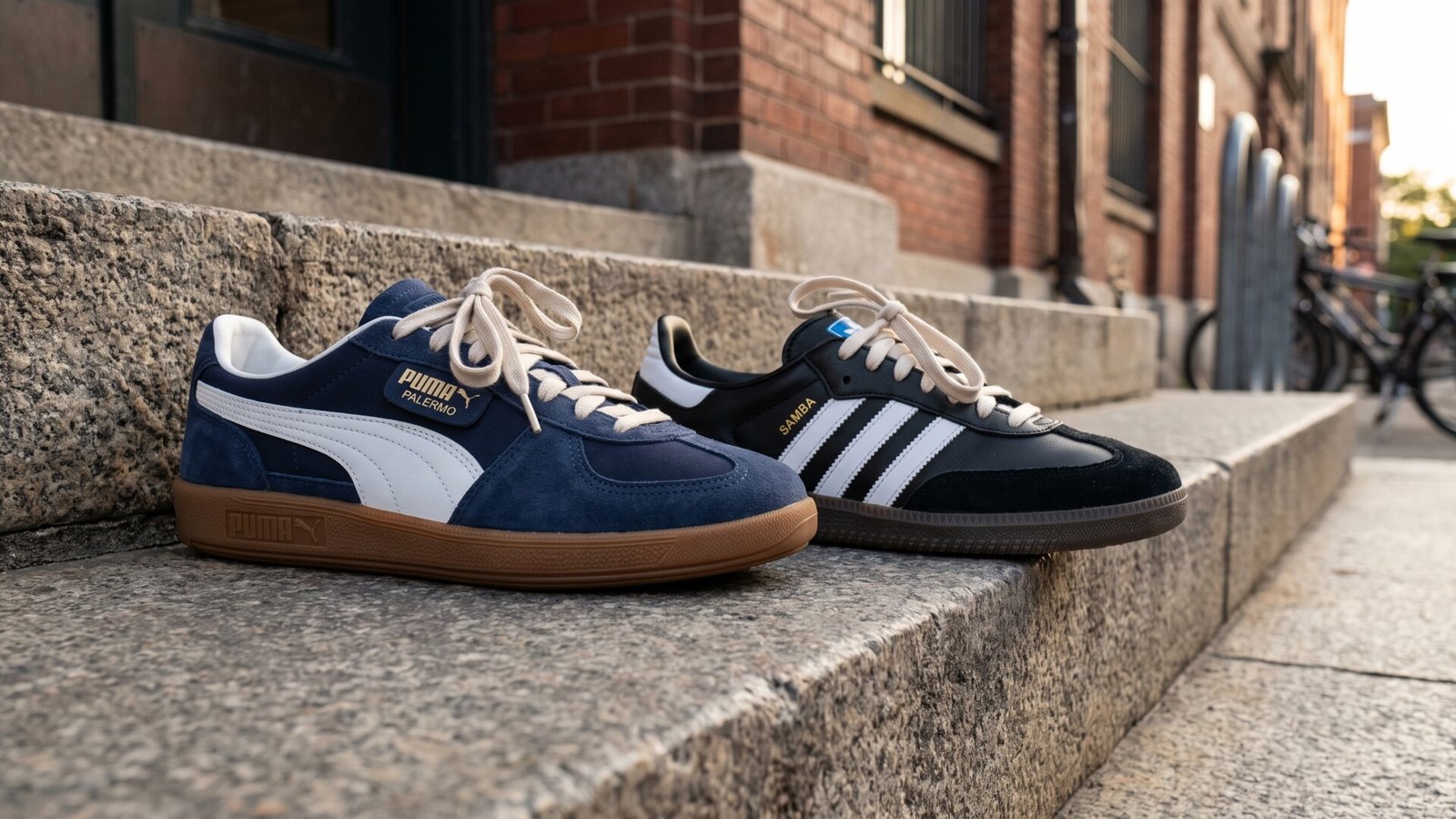 Blue Puma Palermo sneaker next to a black Adidas Samba sneaker on outdoor stone steps