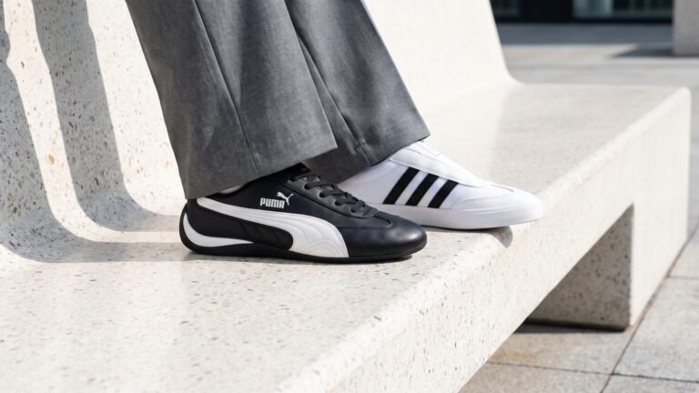 A person wearing a black Puma Speedcat sneaker on one foot and a white Adidas Taekwondo sneaker on the other