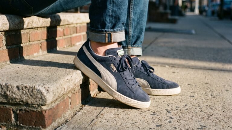 Navy blue Puma Suede sneakers worn with cuffed blue jeans while sitting on an outdoor brick stoop