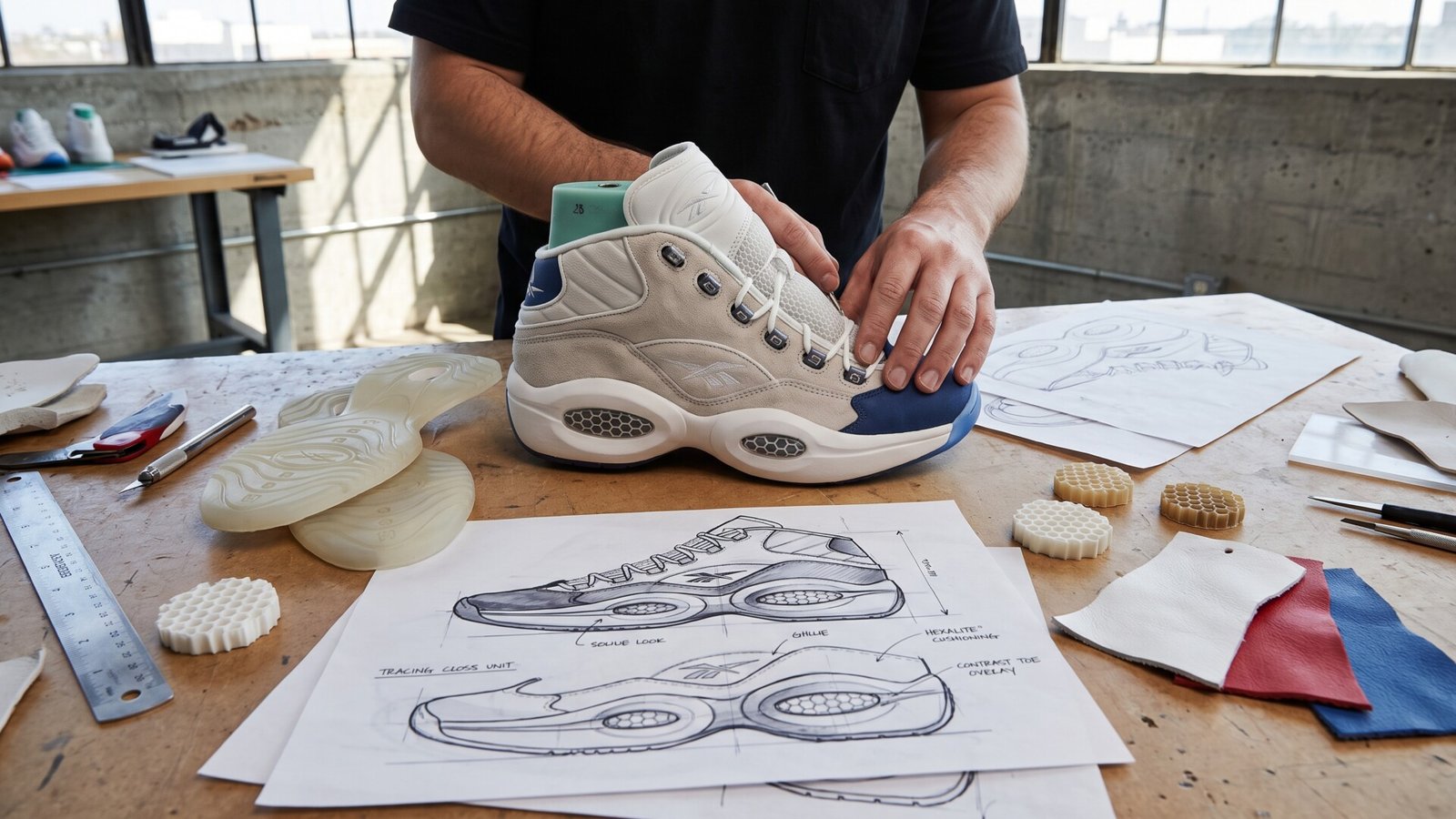 Footwear designer working on a Reebok basketball sneaker prototype surrounded by technical sketches and sole components