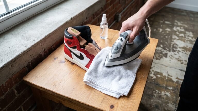 Person pressing a steam iron over a damp towel on an Air Jordan 1 toe box to remove creases