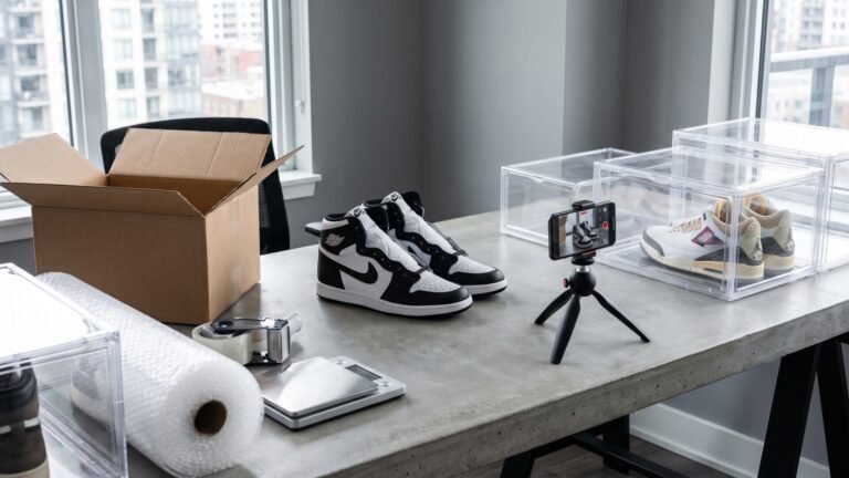 Air Jordan sneakers photographed with a smartphone on a desk alongside shipping boxes and packing materials