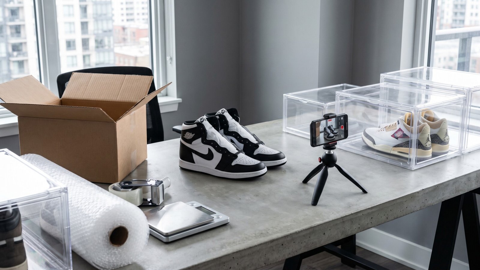 Air Jordan sneakers photographed with a smartphone on a desk alongside shipping boxes and packing materials