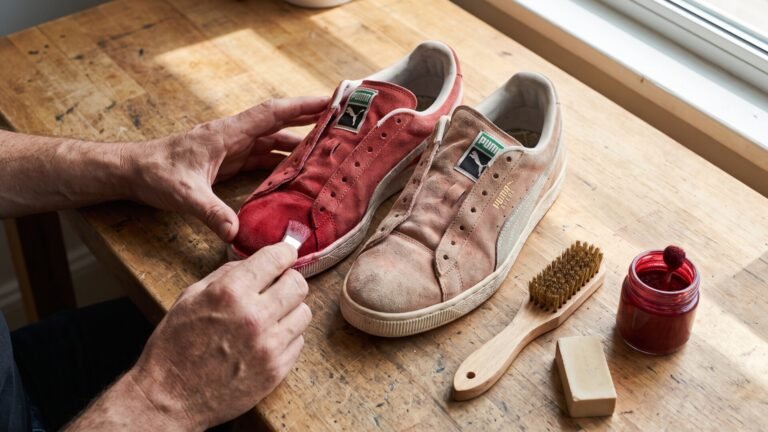 Hands applying red suede dye with a brush to a faded Puma Suede sneaker on a wooden workbench
