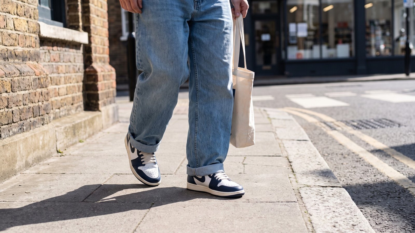 Navy and white leather retro basketball sneakers worn with cuffed jeans on a city sidewalk