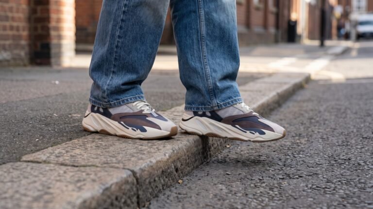 Chunky retro dad sneakers with sculpted thick soles worn with relaxed blue jeans on a street curb