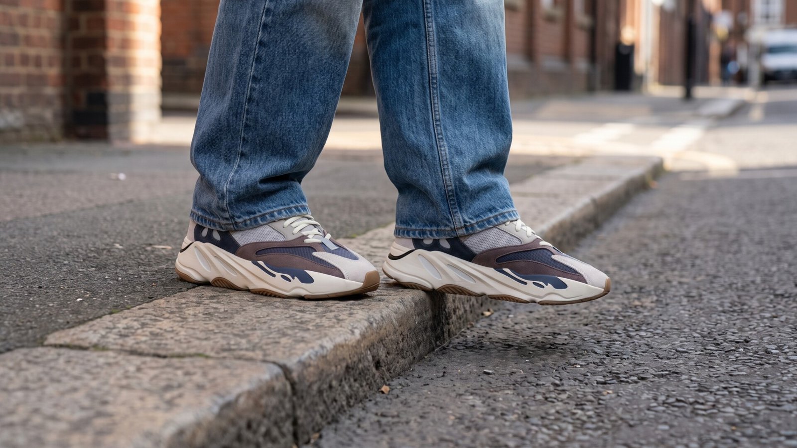 Chunky retro dad sneakers with sculpted thick soles worn with relaxed blue jeans on a street curb