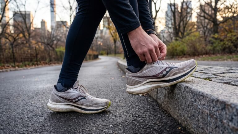Runner tying the laces of Saucony running sneakers resting on a stone curb in an urban park