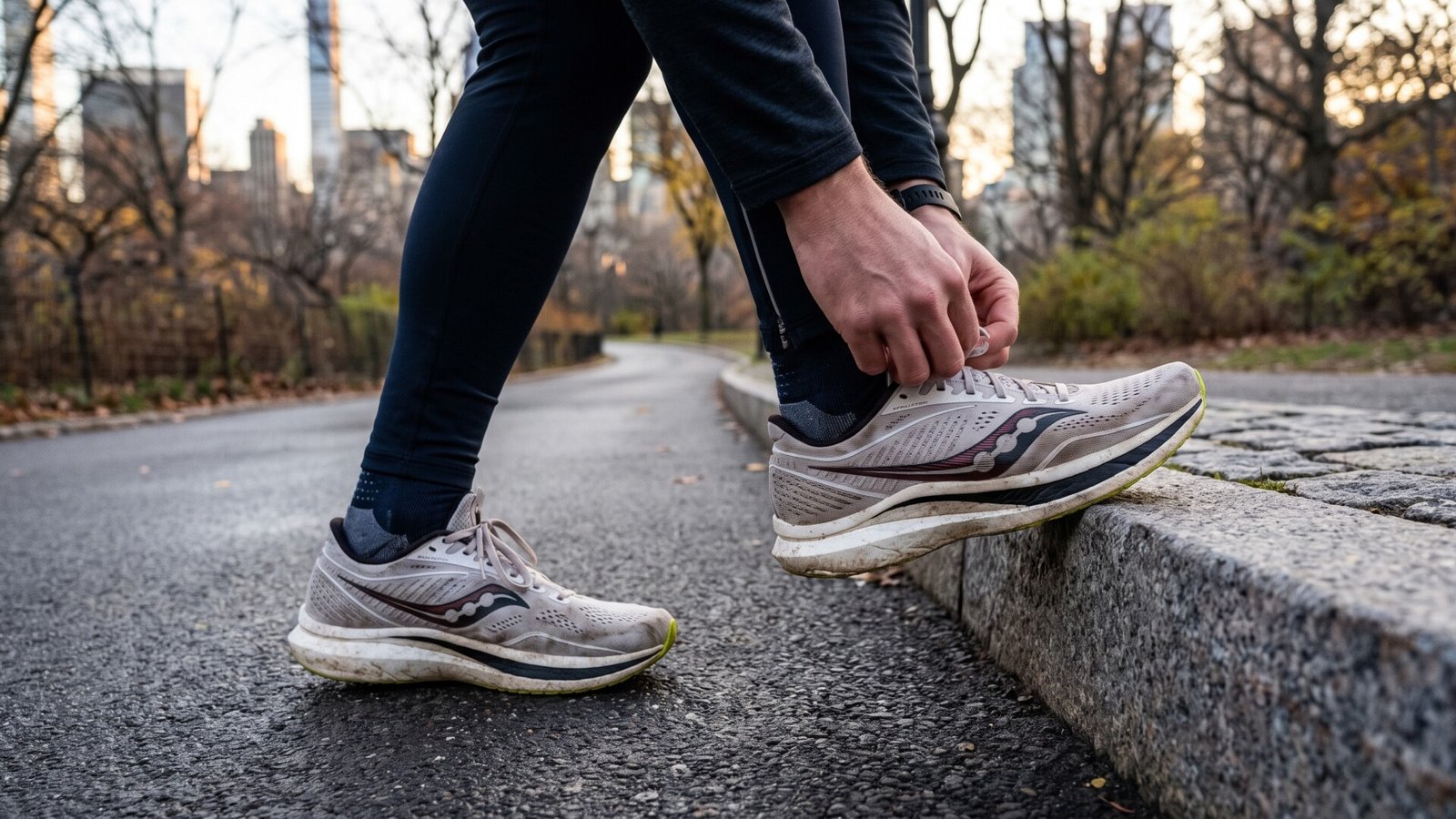 Runner tying the laces of Saucony running sneakers resting on a stone curb in an urban park