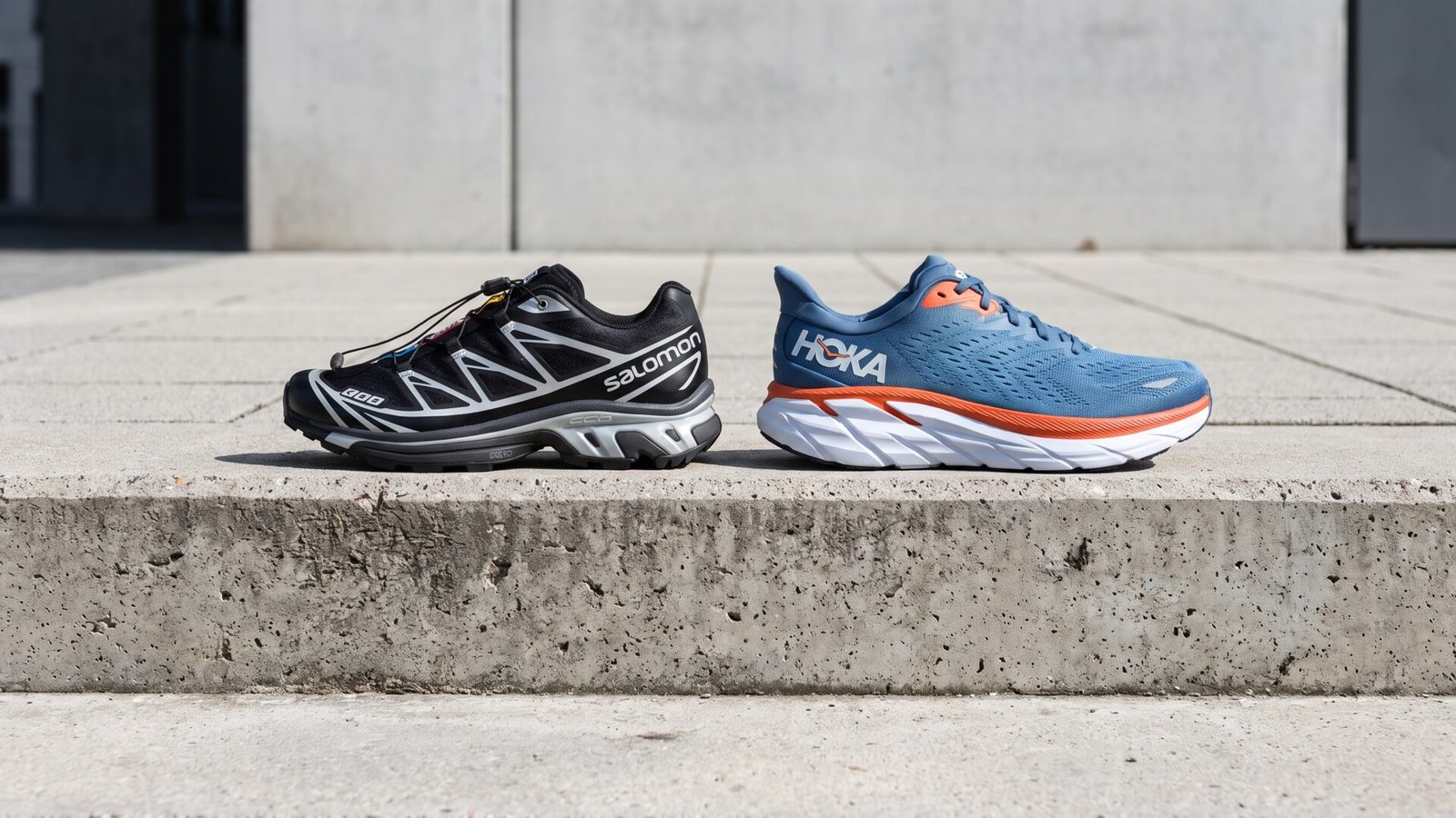 Black Salomon XT-6 trail runner side by side with a blue and orange Hoka Clifton sneaker on a concrete ledge