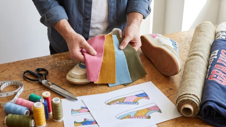 Designer holding colorful corduroy fabric swatches over prototype sneakers, sketches, and spools of thread on a workbench