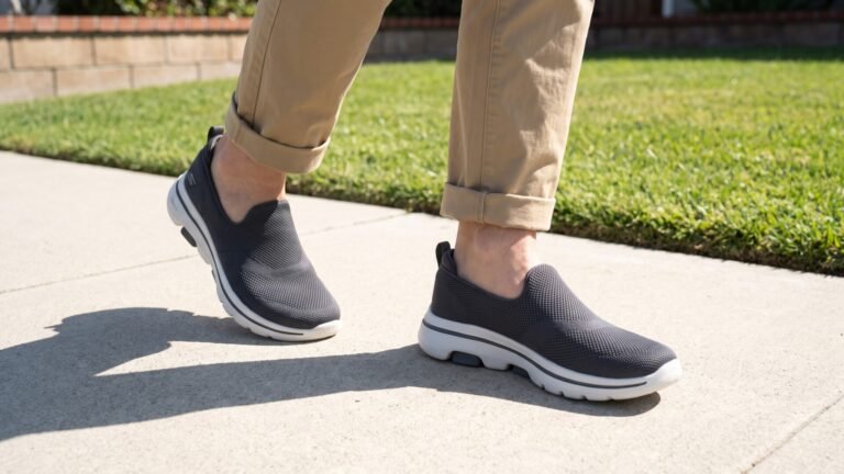 Person wearing dark grey Skechers Go Walk 6 slip-on shoes walking along a concrete sidewalk