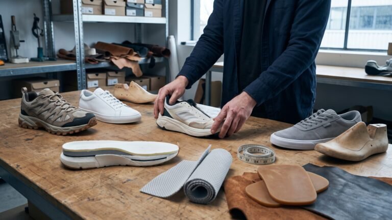 Footwear designer inspecting various sneaker silhouettes, soles, and fabric materials on a workshop table
