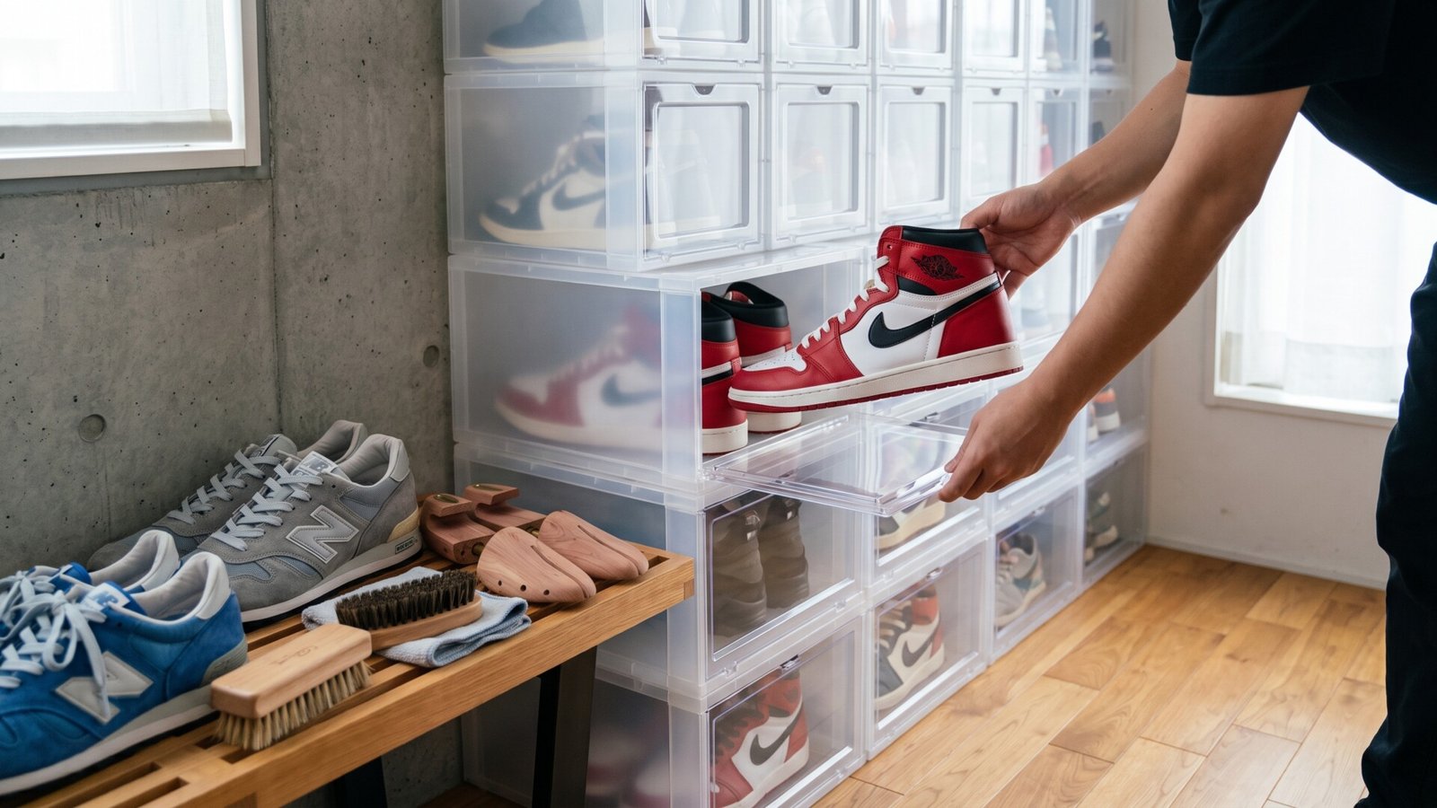 A sneaker collector places a red and white high-top shoe into a clear stackable display storage container