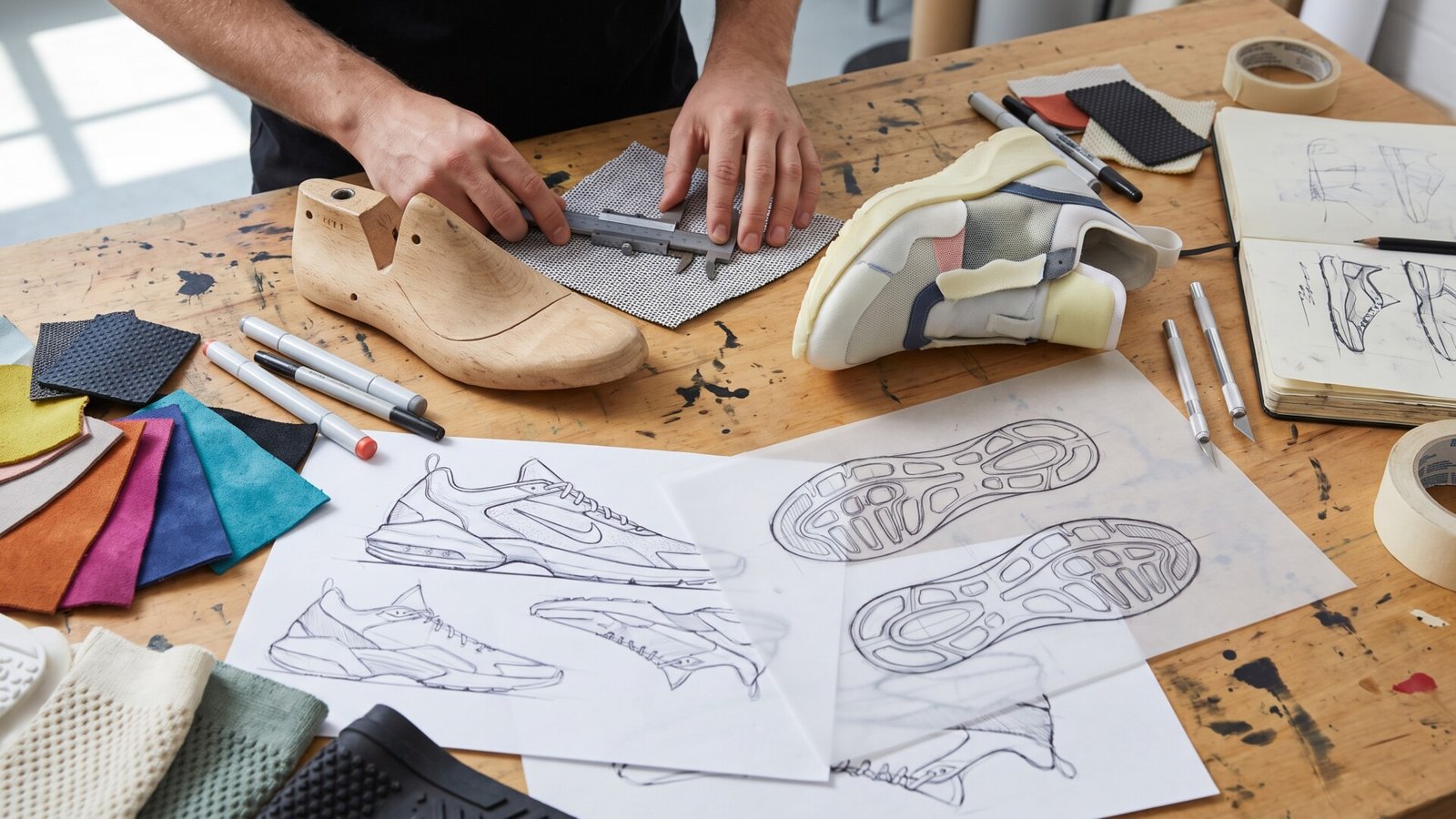 Footwear designer measuring mesh fabric surrounded by sneaker sketches, a shoe last, and a prototype
