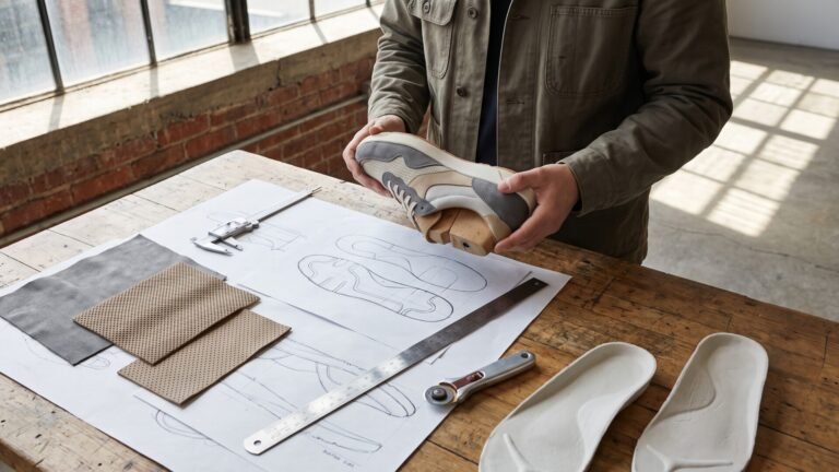 Footwear designer holding a sneaker prototype on a wooden shoe last above design sketches and material swatches