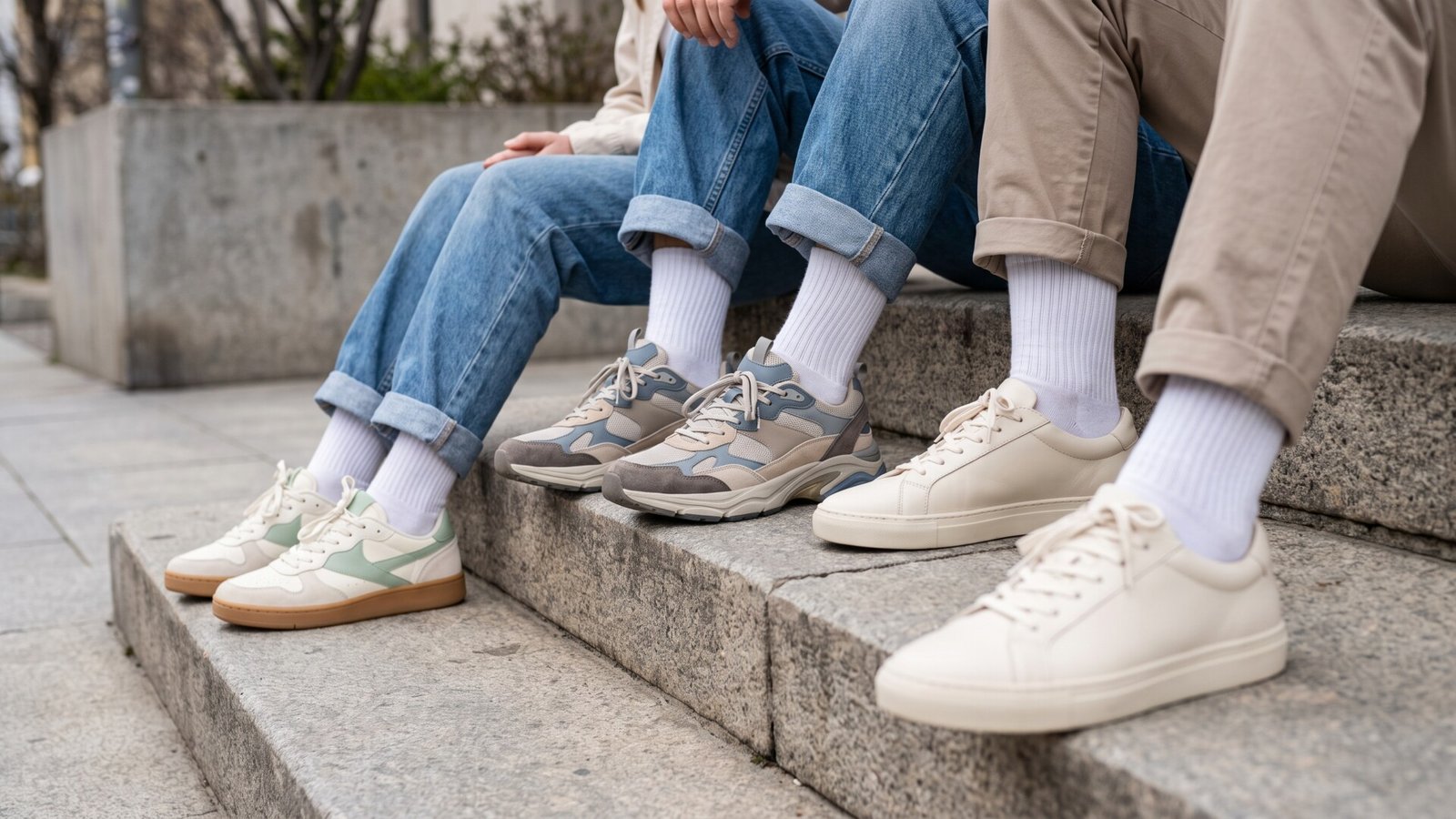 Three people seated on stone steps displaying trendy spring sneakers including retro runners and minimalist leather trainers