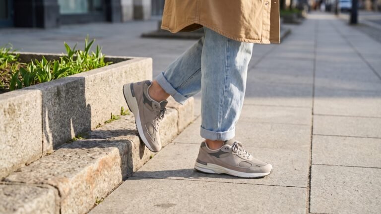 Person walking on a city sidewalk wearing grey neutral lifestyle sneakers and cuffed light-wash jeans