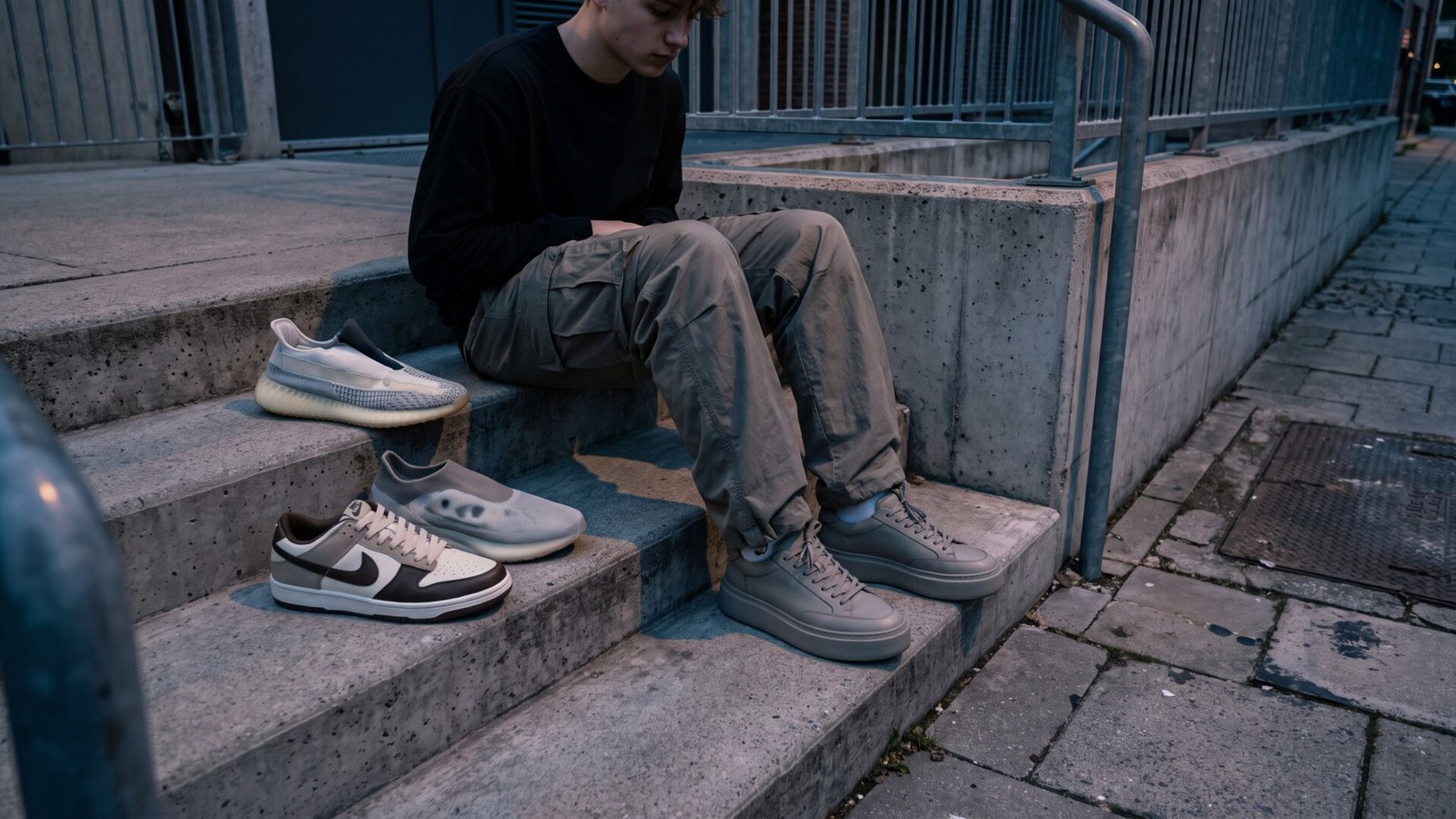 Young man sitting on concrete steps next to prominent 2020s streetwear sneakers including retro dunks and runners