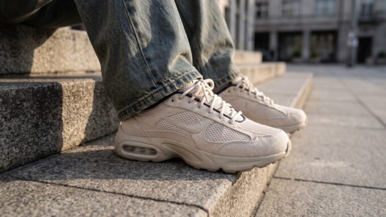 Cream Stüssy x Nike Air Max Muse sneakers styled with denim jeans on stone steps