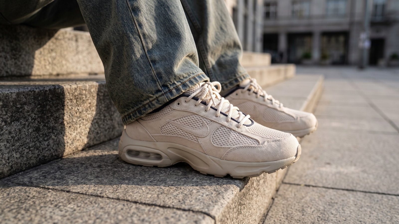 Cream Stüssy x Nike Air Max Muse sneakers styled with denim jeans on stone steps