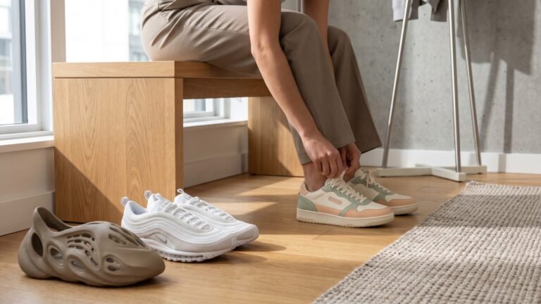 Woman sitting on a wooden bench tying pastel sneakers next to white athletic trainers and foam clogs