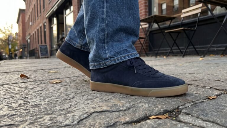 Person wearing navy suede terrace sneakers with gum soles walking on an urban cobblestone sidewalk