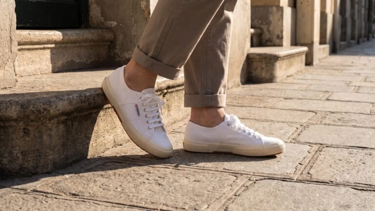 White Superga 2750 Cotu Classic canvas sneakers worn with cuffed trousers on a stone sidewalk