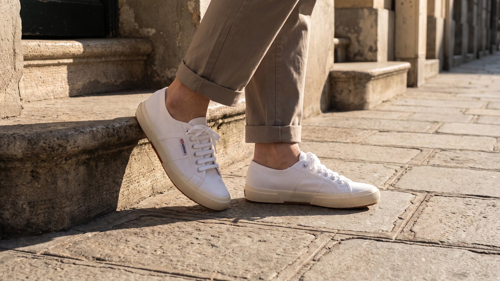 White Superga 2750 Cotu Classic canvas sneakers worn with cuffed trousers on a stone sidewalk