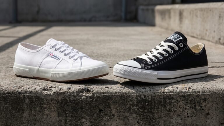 White low-top Superga 2750 and black Converse Chuck Taylor sneakers resting side by side on a concrete ledge