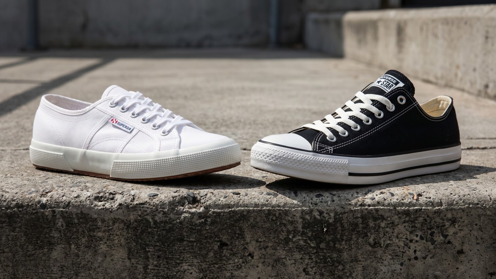 White low-top Superga 2750 and black Converse Chuck Taylor sneakers resting side by side on a concrete ledge