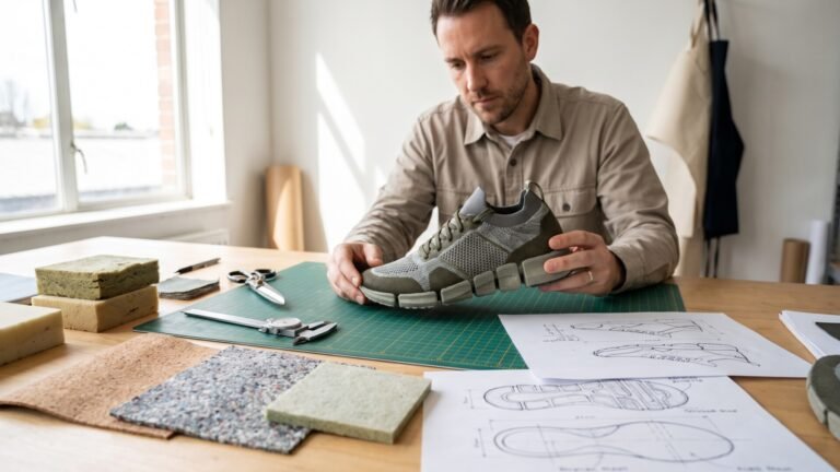Footwear designer inspecting a sustainable knit sneaker prototype over technical sketches and material samples