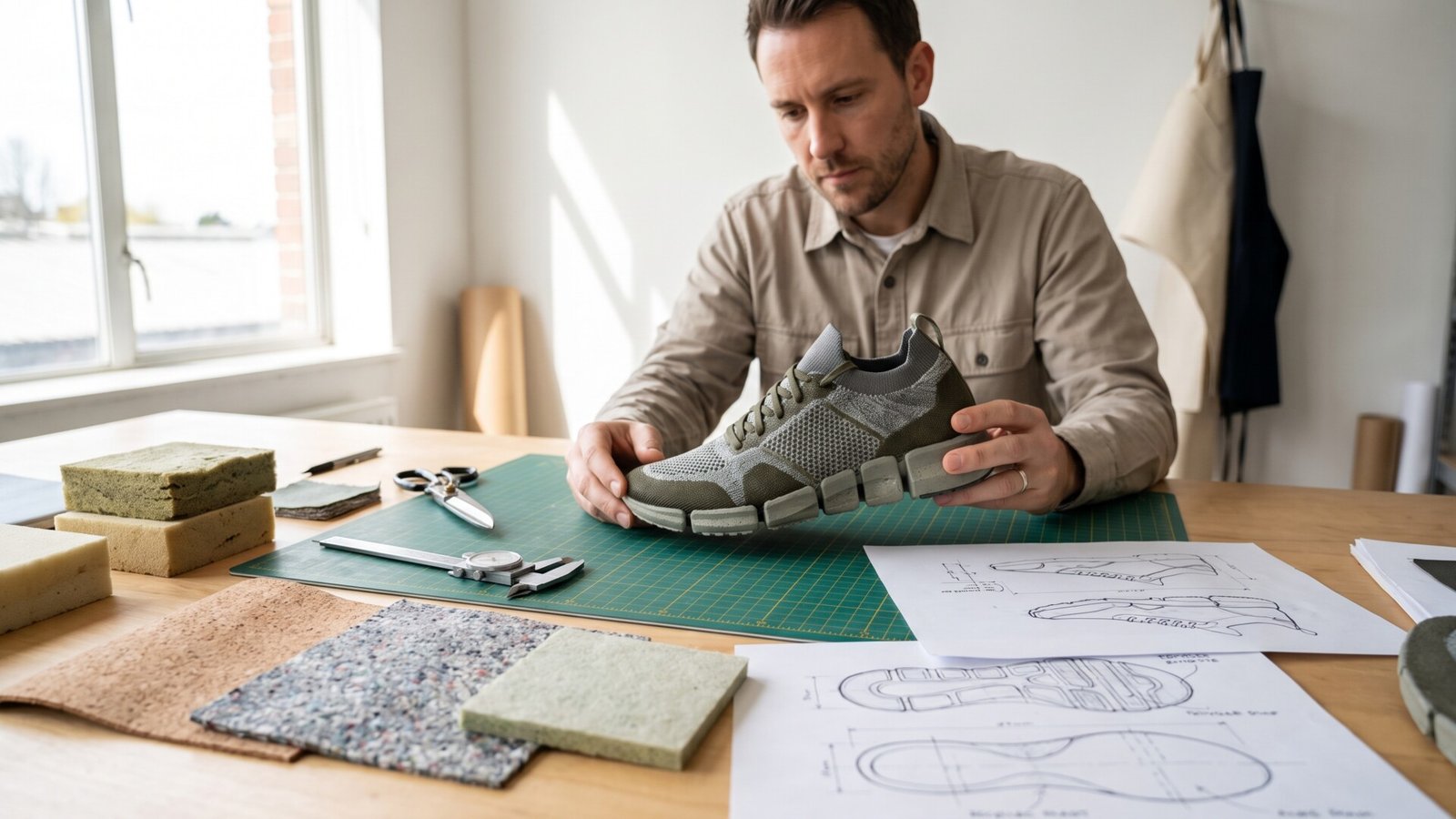 Footwear designer inspecting a sustainable knit sneaker prototype over technical sketches and material samples