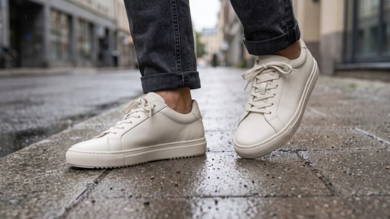 Minimalist white vegan leather sneakers worn on a wet urban sidewalk