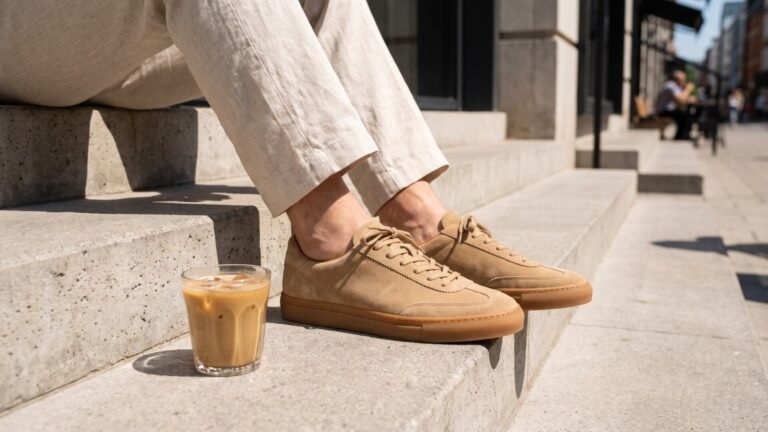 Tan suede terrace sneakers with gum soles paired with linen trousers beside an iced coffee on sunny steps