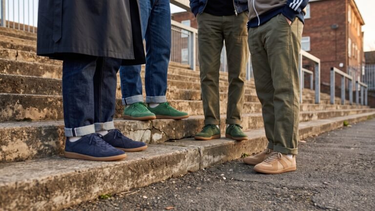 Four people wearing low-profile suede terrace sneakers with gum soles standing on outdoor concrete steps