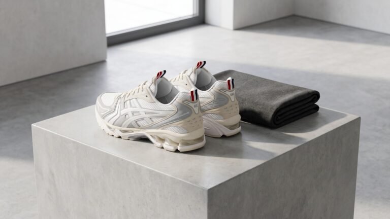 Asics Gel-Kayano 14 sneakers featuring Thom Browne tricolor tabs displayed on a concrete plinth beside grey suiting cloth