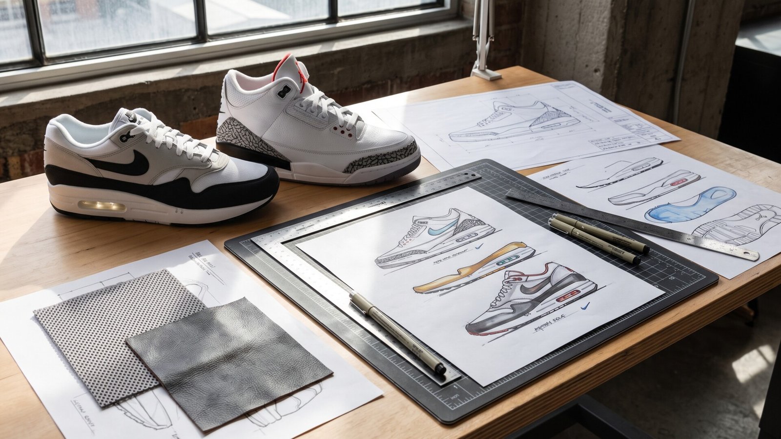 Nike Air Max 1 and Air Jordan 3 sneakers displayed alongside architectural sketches and material swatches on a drafting desk