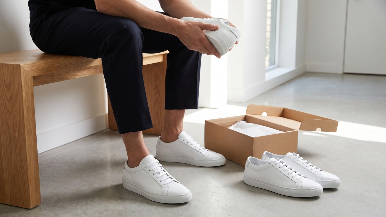 Person on a wooden bench examining and trying on minimalist white leather low-top sneakers next to a shoebox