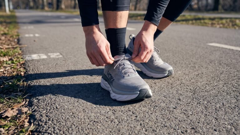 Runner tying the laces of cushioned grey running shoes on a paved outdoor track