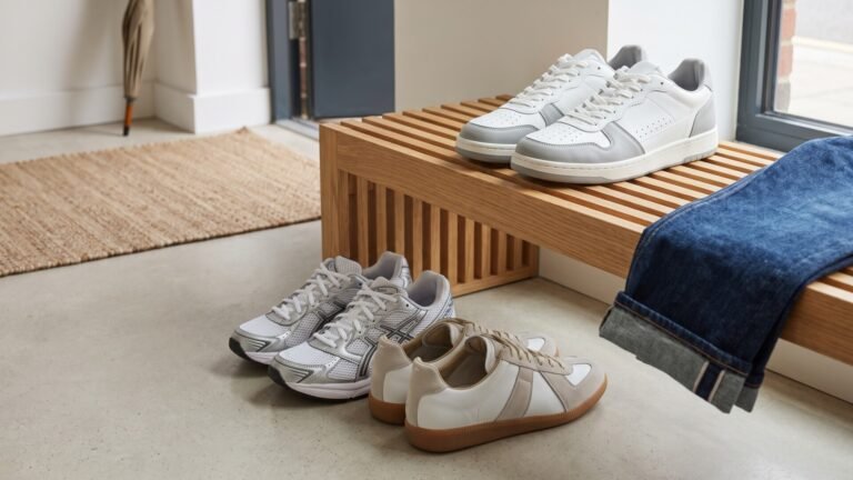 Curated pairs of casual sneakers and retro runners displayed by a wooden slatted bench in an apartment entryway