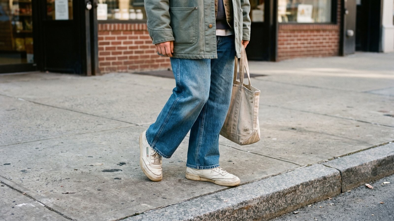 Person wearing relaxed blue jeans, vintage white sneakers, and an olive work jacket on a city sidewalk