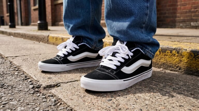 Black and white Vans Knu Skool sneakers with chunky laces worn with blue jeans on a street sidewalk