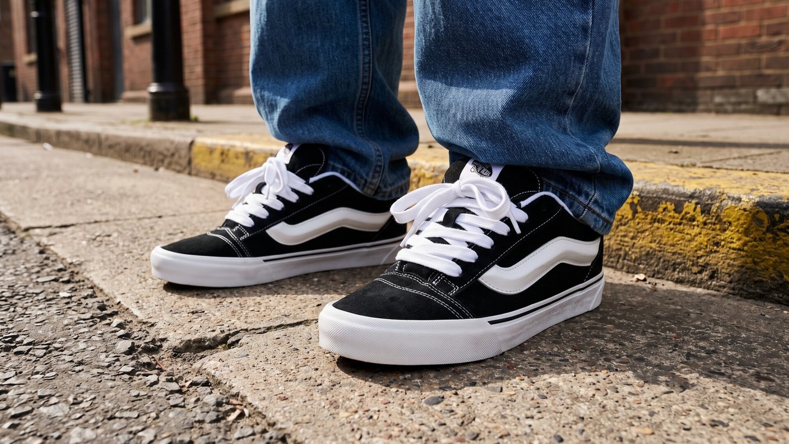 Black and white Vans Knu Skool sneakers with chunky laces worn with blue jeans on a street sidewalk