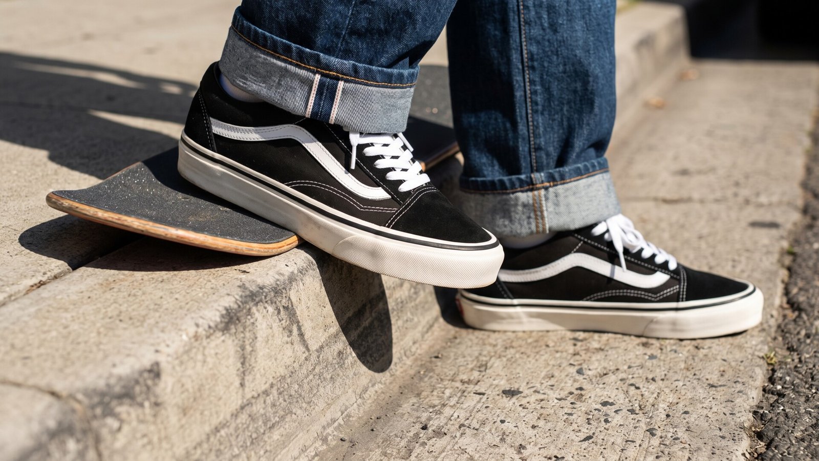 Classic black and white Vans Old Skool sneakers worn with cuffed jeans on a skateboard at a street curb
