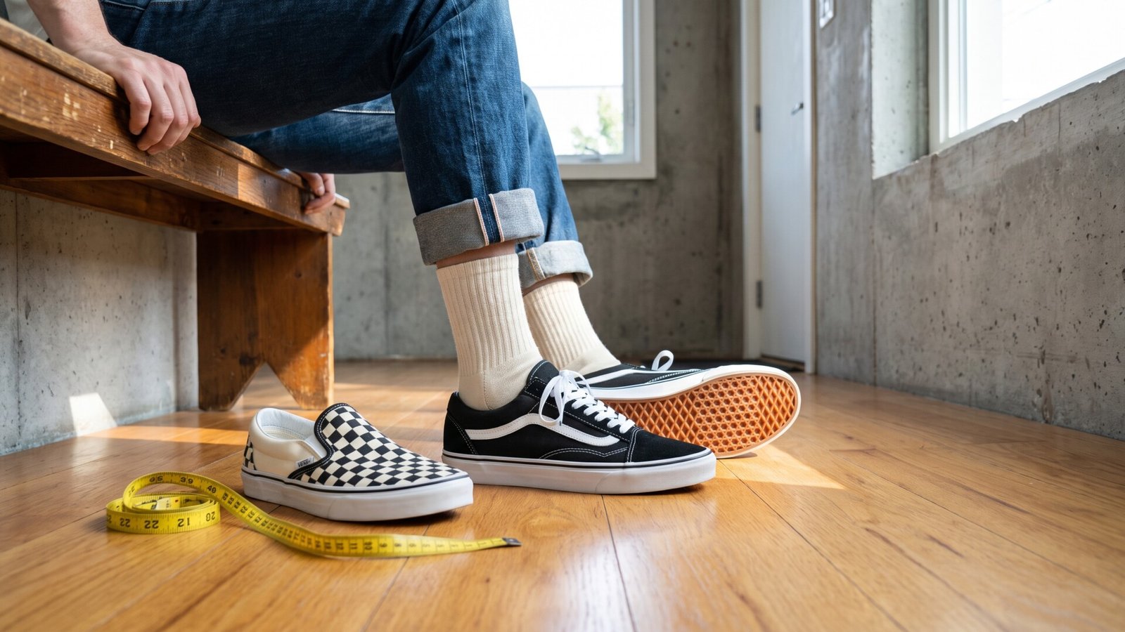 Person wearing Vans Old Skool sneakers next to a checkerboard Slip-On shoe and a yellow measuring tape