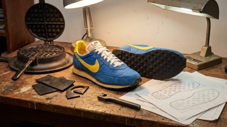 Blue and yellow vintage Nike Waffle Trainer sneakers on a workbench beside a waffle iron and sole sketches