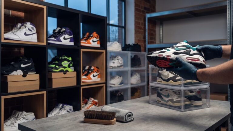 Collector in gloves inspecting a retro running shoe next to organized sneaker display shelves and cleaning tools